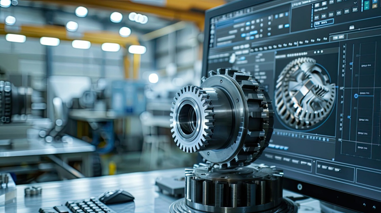 Precision machined component beside an engineering workstation showing 3D CAD on screen—digital design linked to physical manufacturing