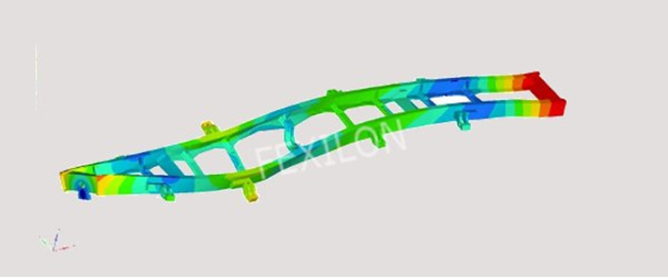 Finite element stress contour on a ladder-frame commercial vehicle chassis showing load distribution along rails and cross-members