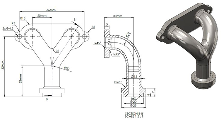 2D technical drawings and 3D CAD model of a manifold-style fluid component—orthographic views, section B-B, and shaded solid model