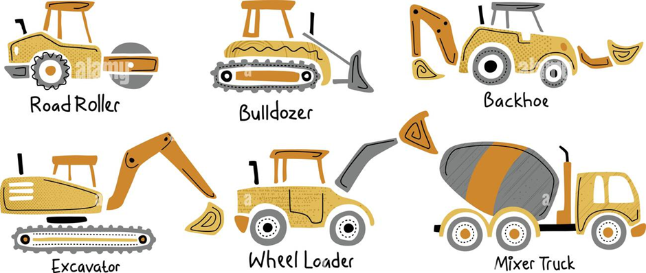 Illustrated equipment set: road roller, bulldozer, backhoe, excavator, wheel loader, and concrete mixer truck